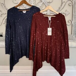 Lot of 2 Monroe & Main Sequin Sharkbite Tunic Sweater Navy Burgundy Red Sz Small